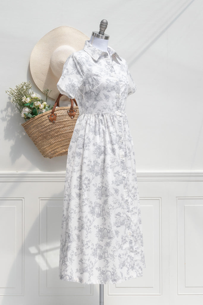 cottagecore dresses - toile french girl style shirtdress in light grey against white. quarter side view. amantine. 