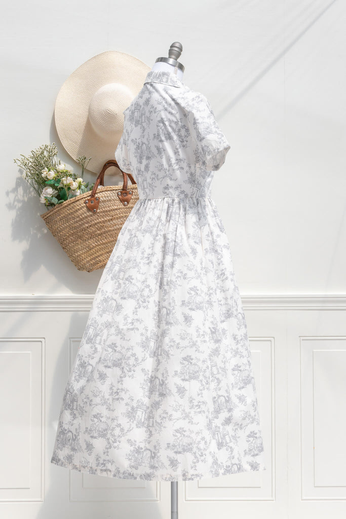 cottagecore dresses - toile french girl style shirtdress in light grey against white. back side view. amantine. 