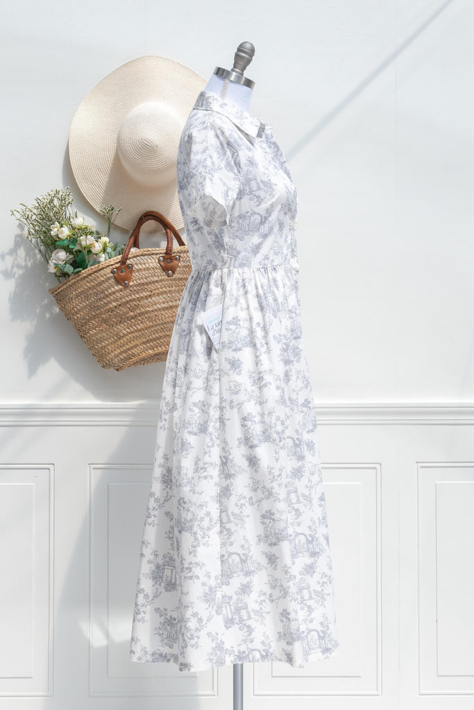 cottagecore dresses - toile french girl style shirtdress in light grey against white. side view. amantine. 