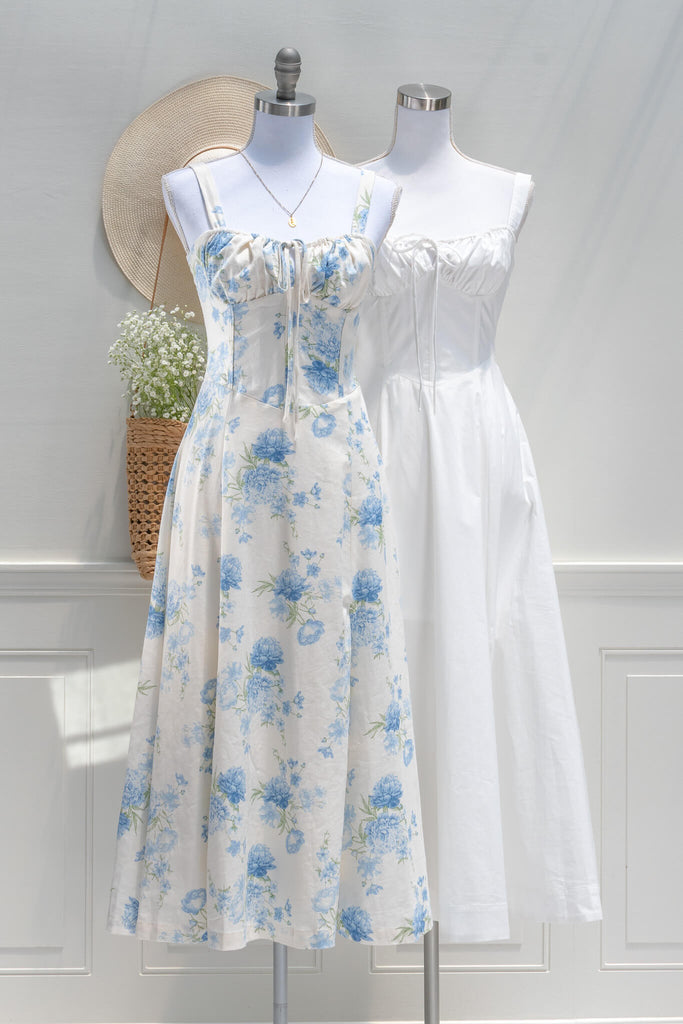 cottage core dress outfits for summer - a blue floral and white cottagecore dress. 