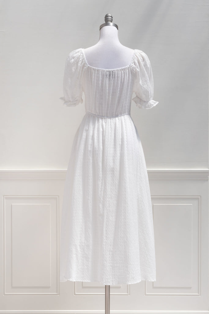 cottagecore dresses - a white square neckline modest dress- amantine back view 