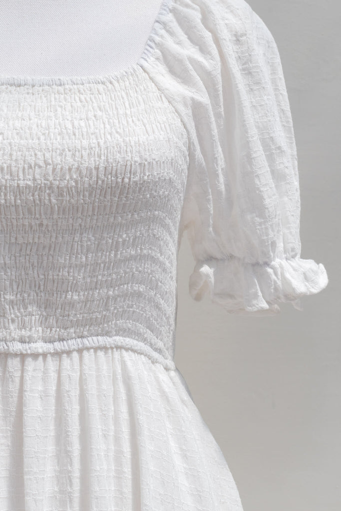 cottagecore dresses - a white square neckline modest dress- amantine fabric detail view 
