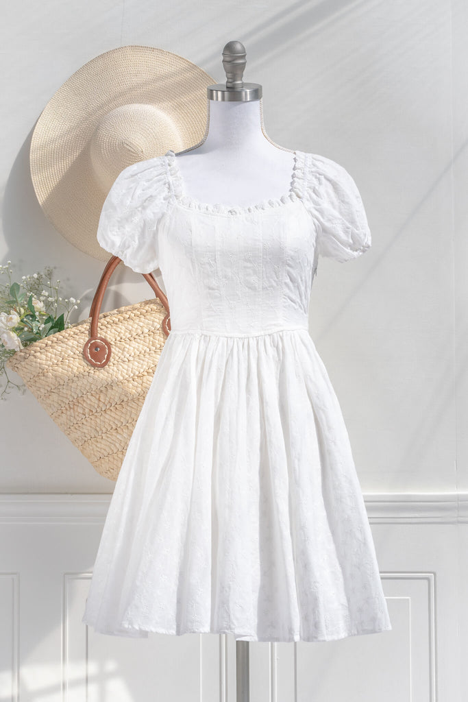 little white dress - cotton, short puff sleeves, and square neckline - graduation or garden party dress - amantine 