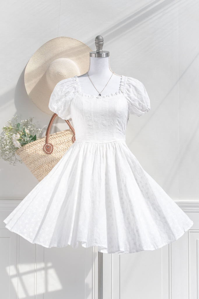 little white dress - cotton, short puff sleeves, and square neckline - graduation or garden party dress - amantine 