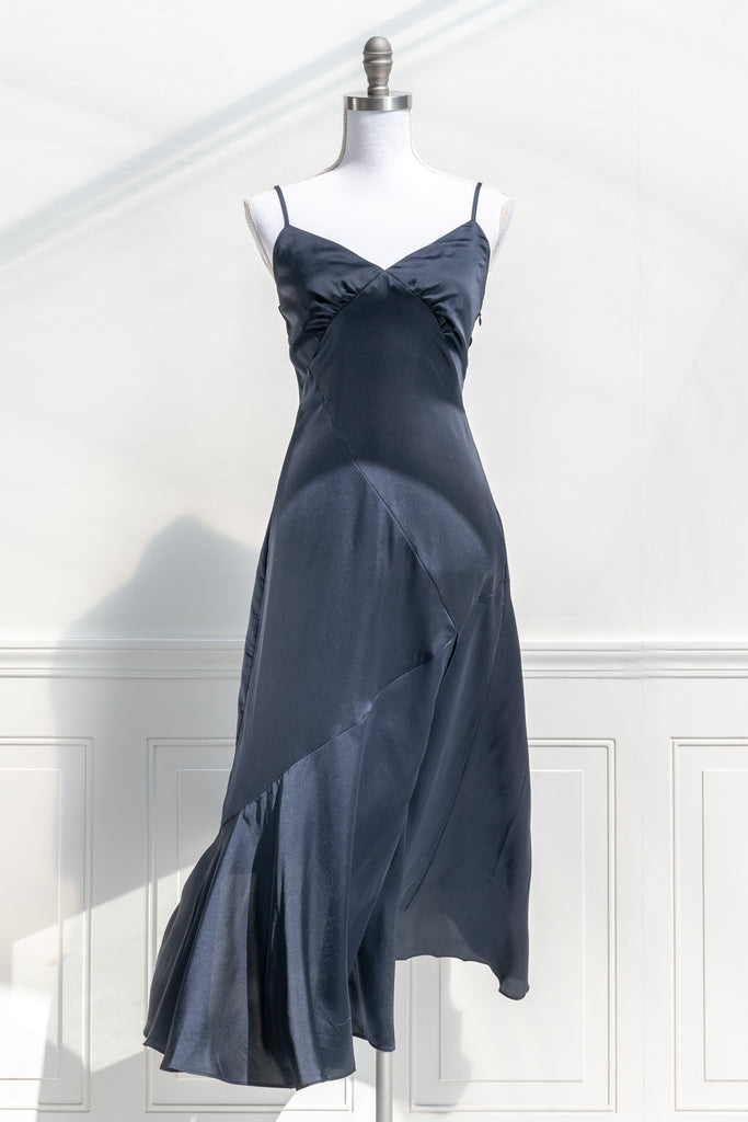 French dress in blue satin from Amantine French Style Boutique