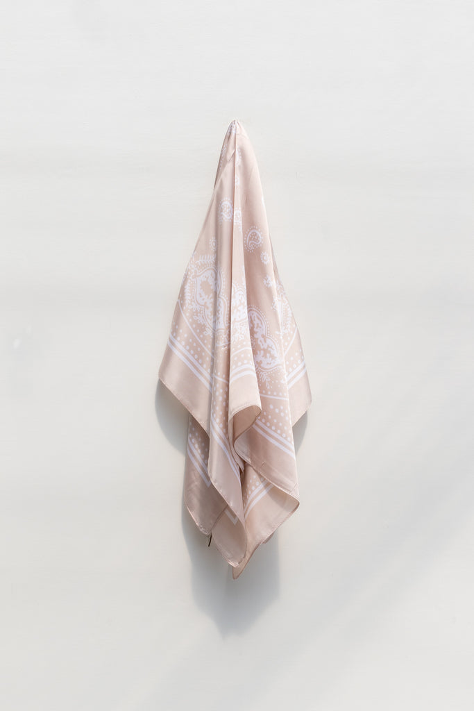 pink beige bandana print silky accessory scarf