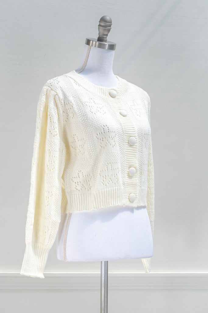 French Style Fashion - A cream knitted cardigan in feminine and romantic style - amantine 