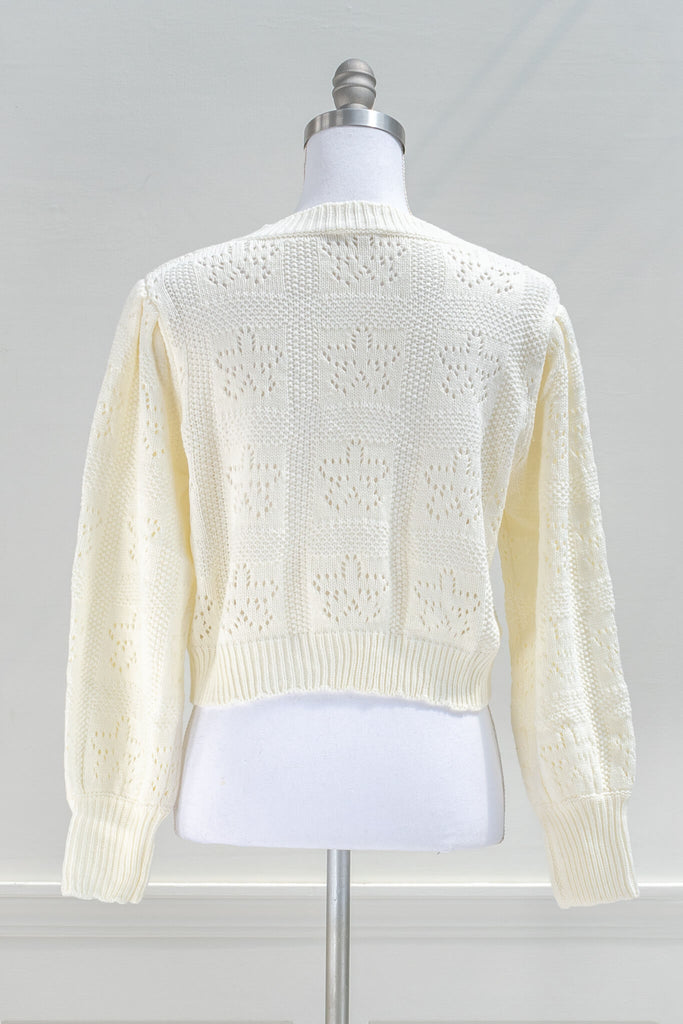 French Style Fashion - A cream knitted cardigan in feminine and romantic style back view- amantine 