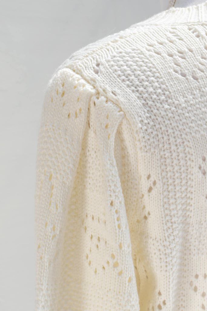 French Style Fashion - A cream knitted cardigan in feminine and romantic style shoulder detail- amantine 