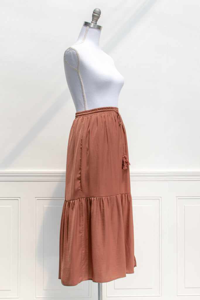 Feminine Style Skirts - Modest fashion - Amantine boutique, burnt umber long skirt with tassels