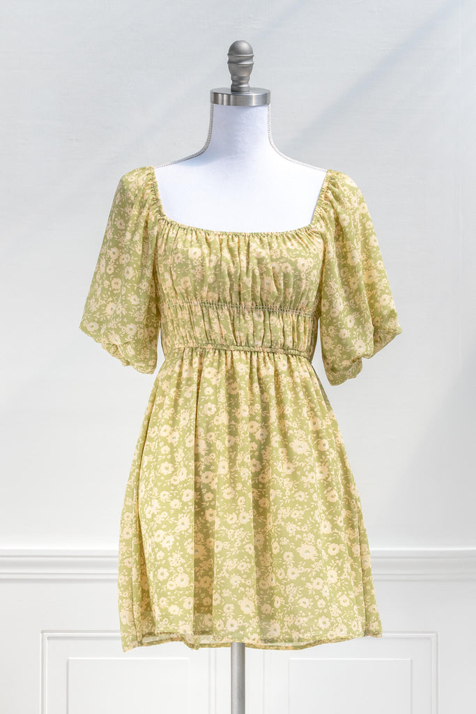 French inspired clothing and dresses - the Jackie Mini Dress in green and cream  color - Amantine