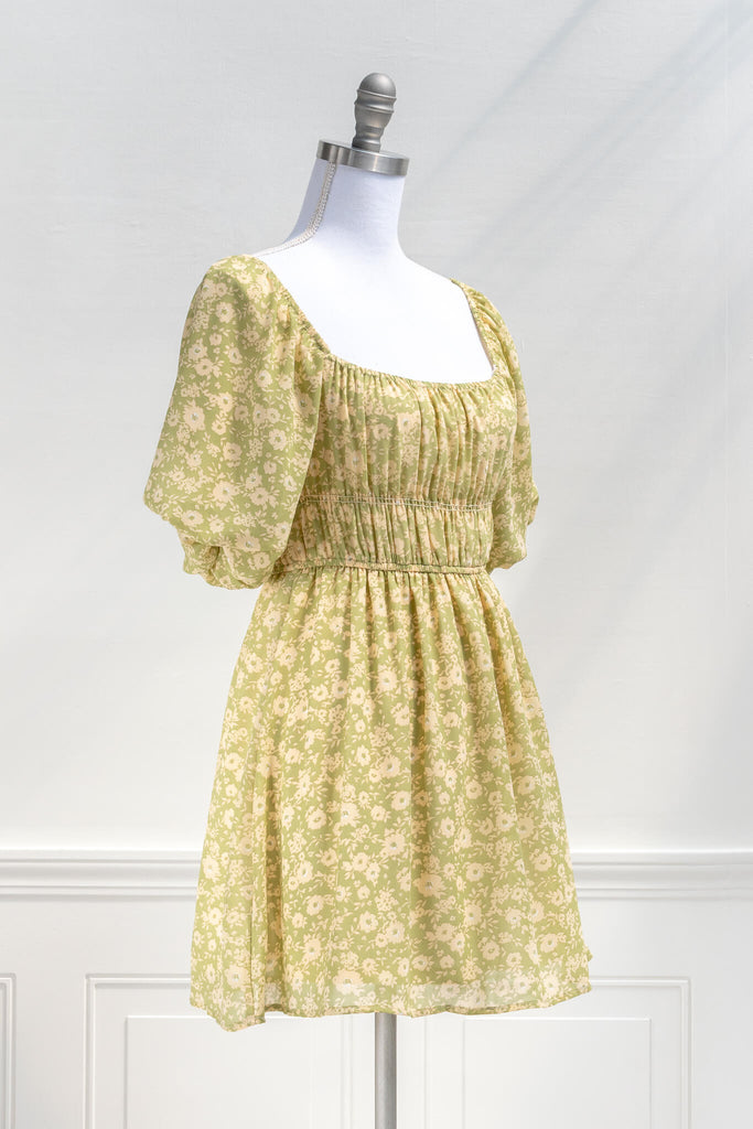 French inspired clothing and dresses - the Jackie Mini Dress in green and cream  color - Amantine
