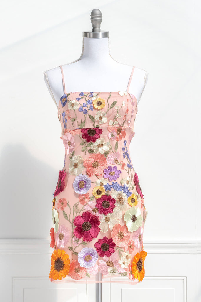 Feminine Clothing and Feminine Dresses - a pink embroidery floral dress with shoulder straps, 3d flower applique, and short in style - amantine boutique