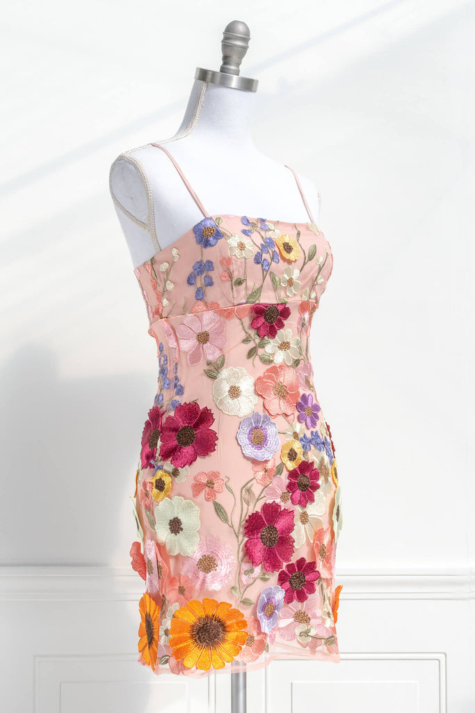 Feminine Clothing and Feminine Dresses - a pink embroidery floral dress with shoulder straps, 3d flower applique, and short in style - amantine boutique