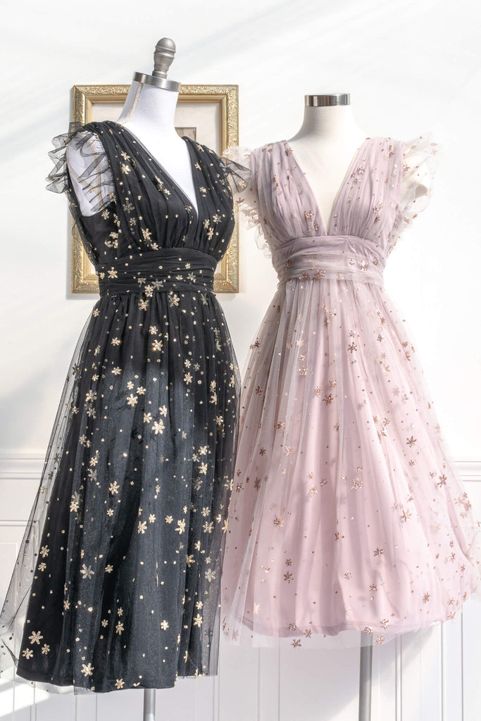 vintage inspired pink aesthetic dress in a french inspired and romantic style - has v neckline and no sleeves, pink tulle with star motif - amantine boutique - pictured with the black and gold version