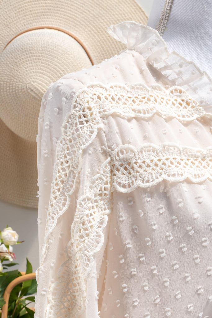Vintage style clothes - a cream colored lace blouse with ruffles at the neckline and lace - from amantine boutique