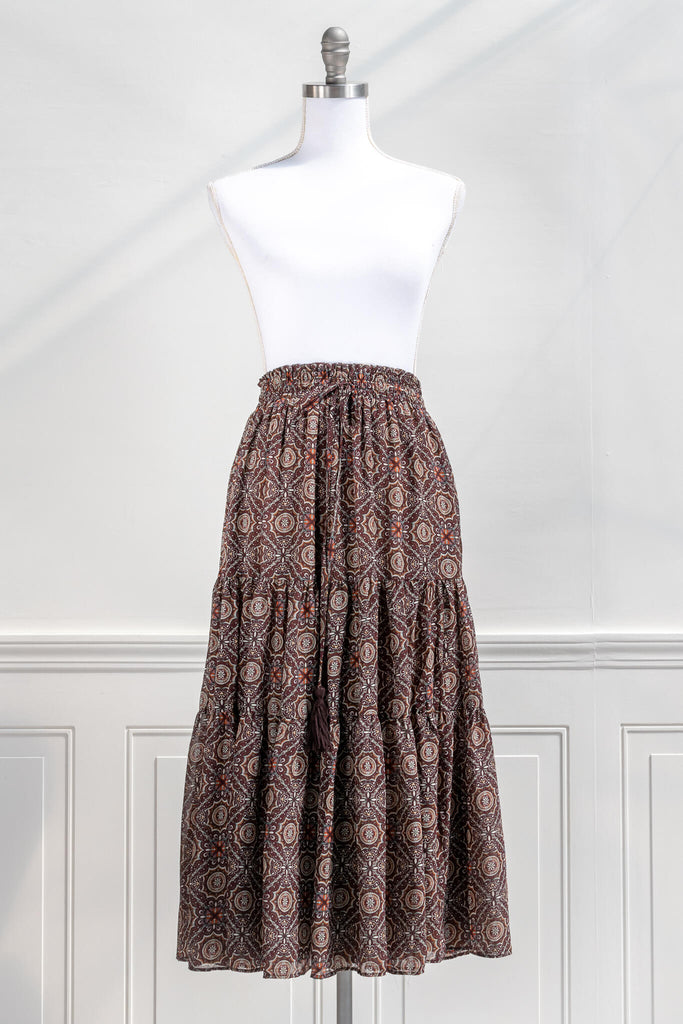 Vintage Style Skirt - a Brown and Burgundy Printed Boho Style Skirt - Amantine