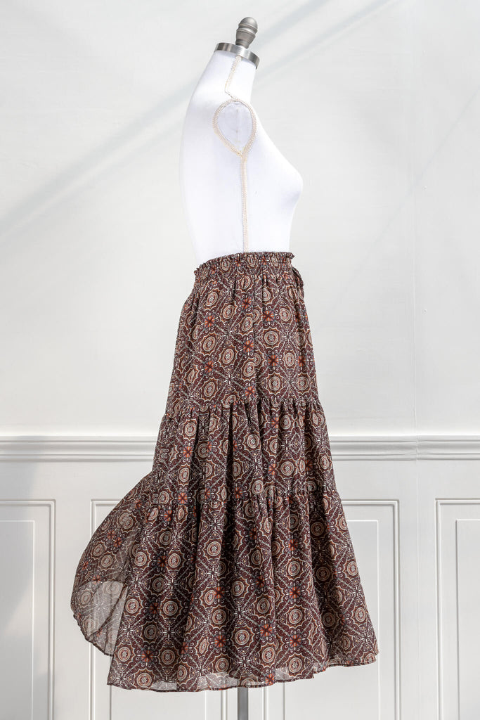 Vintage Style Skirt - a Brown and Burgundy Printed Boho Style Skirt - Amantine