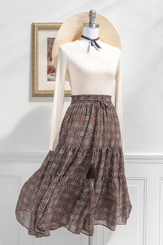 Vintage Style Skirt - a Brown and Burgundy Printed Boho Style Skirt - Amantine