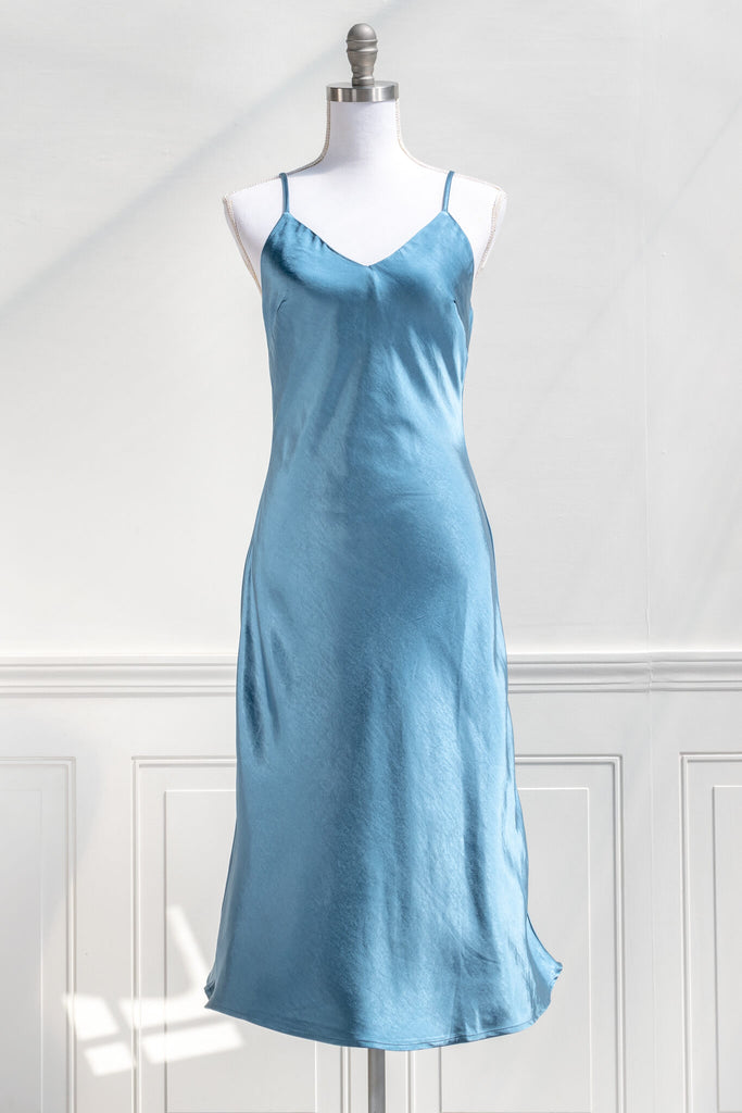 french slip dress - light blue slip dress with adjustable shoulder straps, v neckline, and satin quality fabric, midi length - amantine - french style