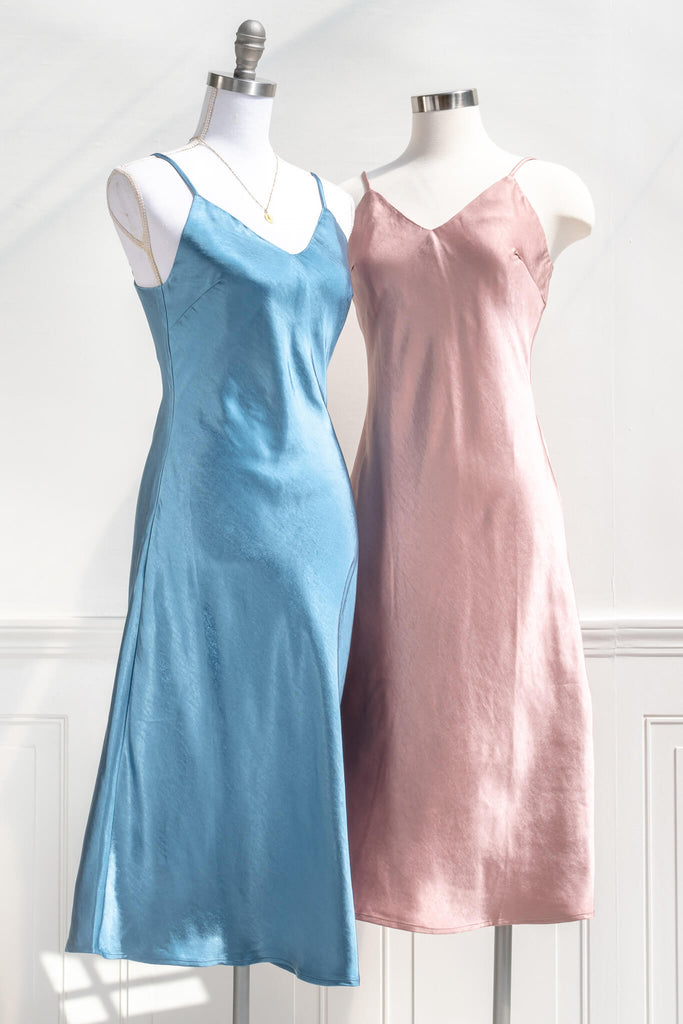 french slip dress - light blue and pink slip dresses with adjustable shoulder straps, v neckline, and satin quality fabric, midi length - amantine - french style