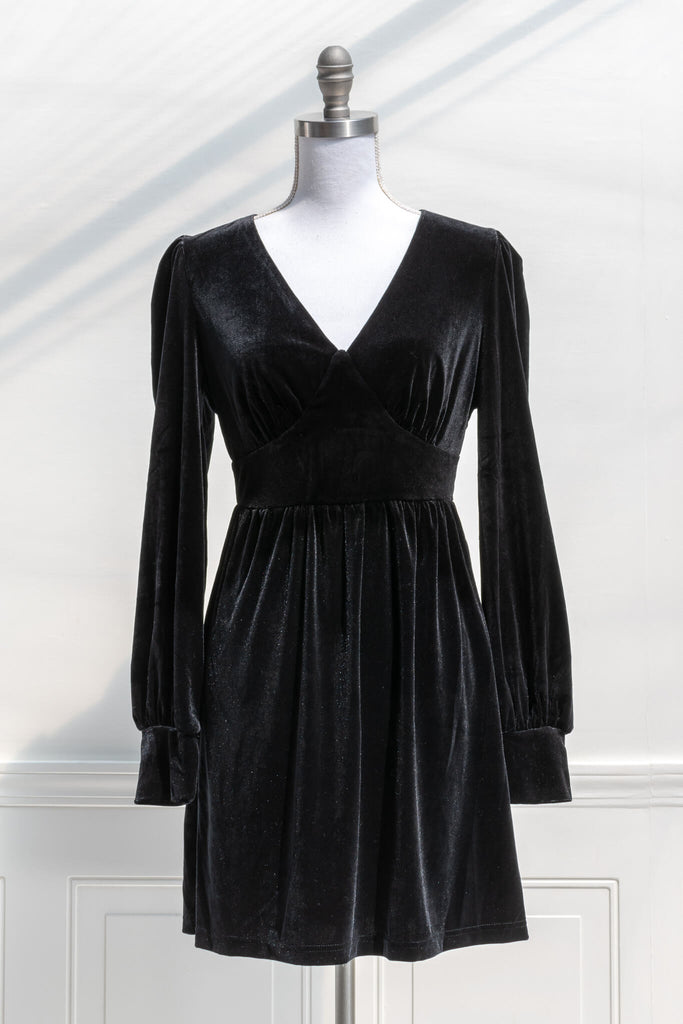 Velvet Little Black Dress LBD for holiday parties from feminine and romantic boutique amantine