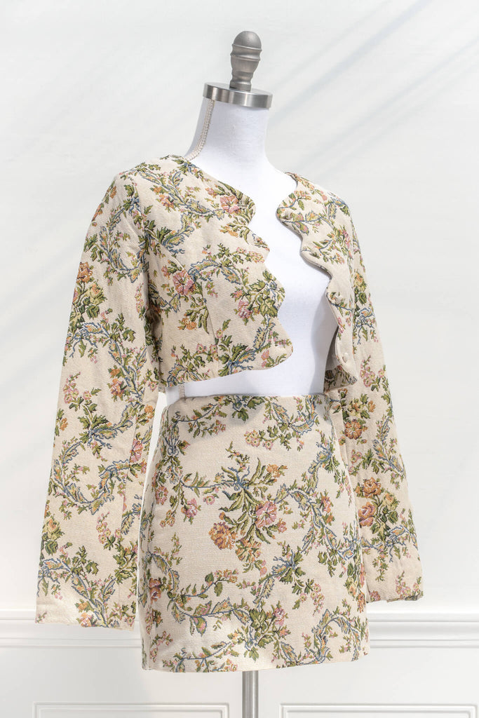 French Style Clothing - a jacquard jacket and skirt set - feminine and cottagecore bolero side view