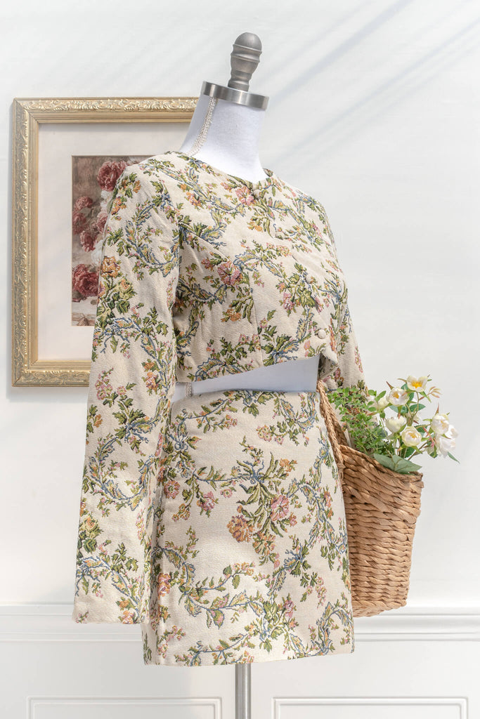 French Style Clothing - a jacquard jacket and skirt set - feminine and cottagecore bolero styled with woven tote