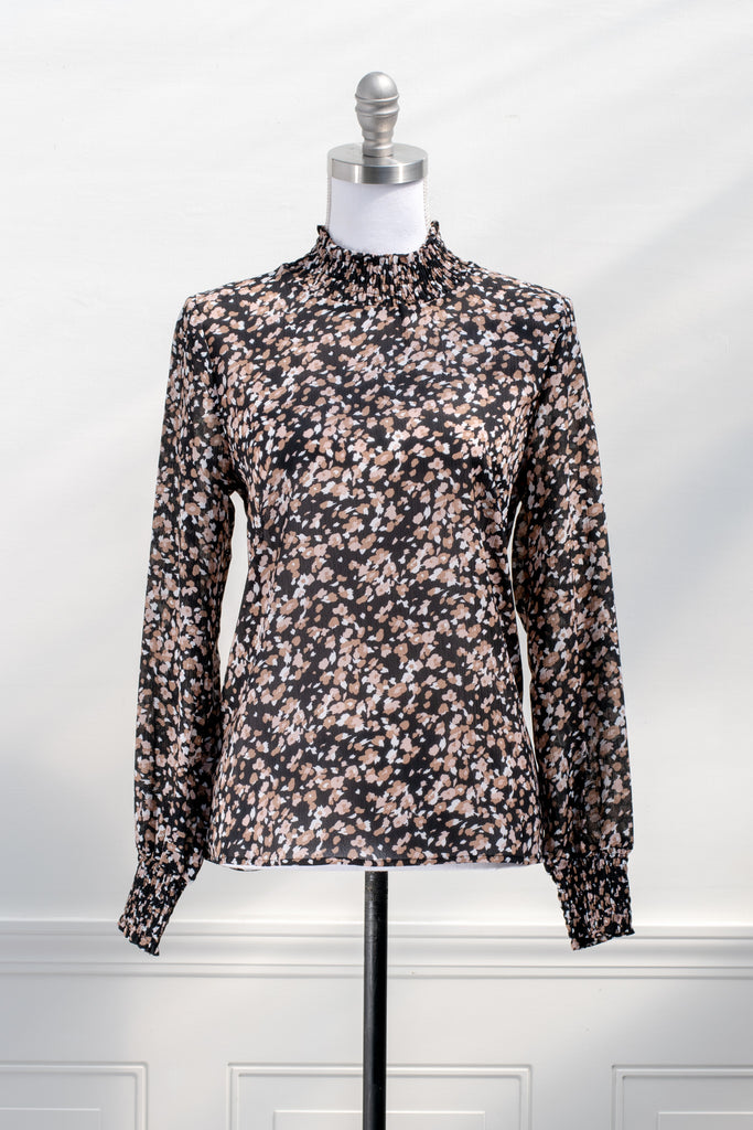 Romantic and Feminine Leopard Print smocked modest cute work wear office blouse pink black