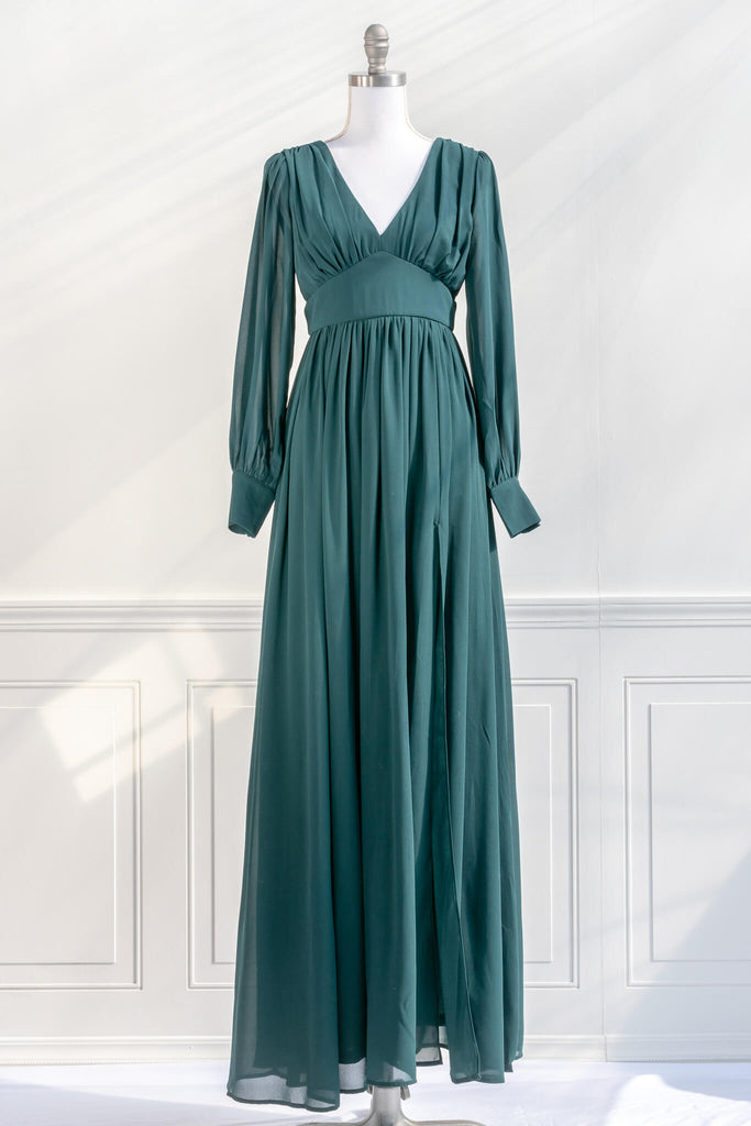 vintage dresses in french style, a green modest fashion long sleeves v neck formal dress from amantine. French Boutique Clothing Front view