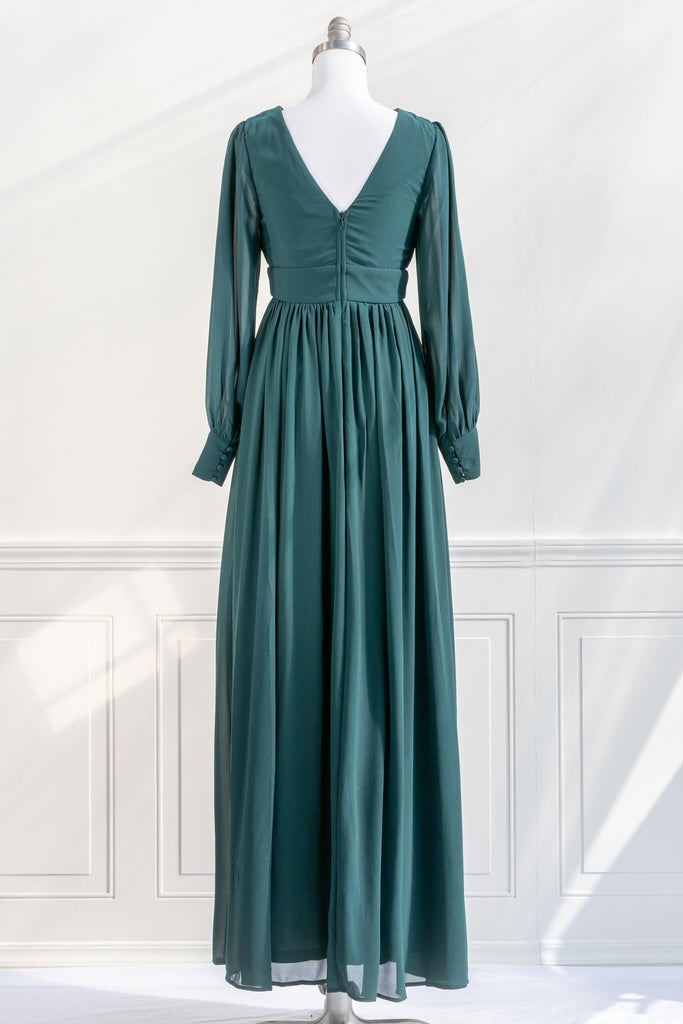 vintage dresses in french style, a green modest fashion long sleeves v neck formal dress from amantine. French Boutique Clothing back view