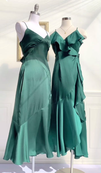feminine french dress - green satin event dresses from amantine