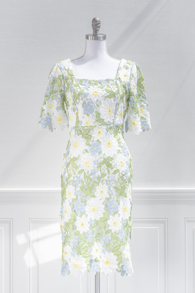 french dress - an elegant square neckline 3/4 sleeve flower applique floral dress - aesthetic feminine style - amantine