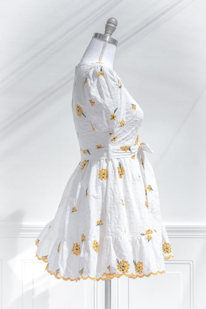 french dress - a white and yellow eyelette cotton mini dress - aesthetic feminine style - amantine
