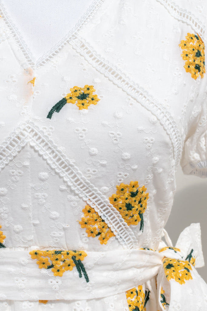 french dress - a white and yellow eyelette cotton mini dress - aesthetic feminine style - amantine