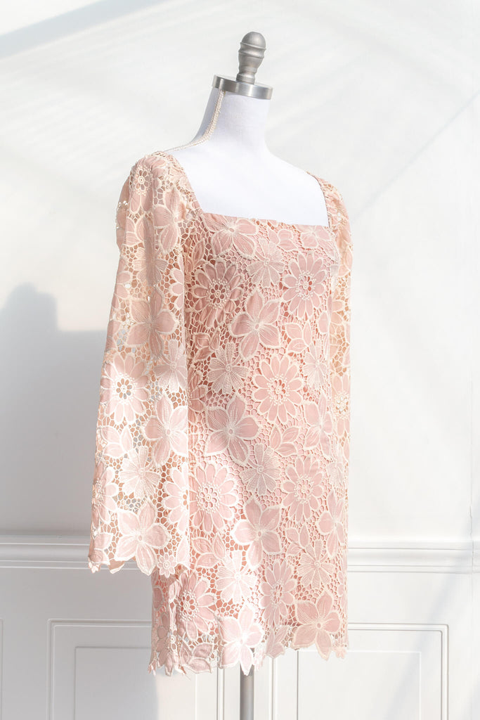 Aesthetic Dresses - A 1960's inspired pink floral long sleeve square neckline dress. Fabric made of embroidered flowers. French and Vintage Inspired - Quarter View