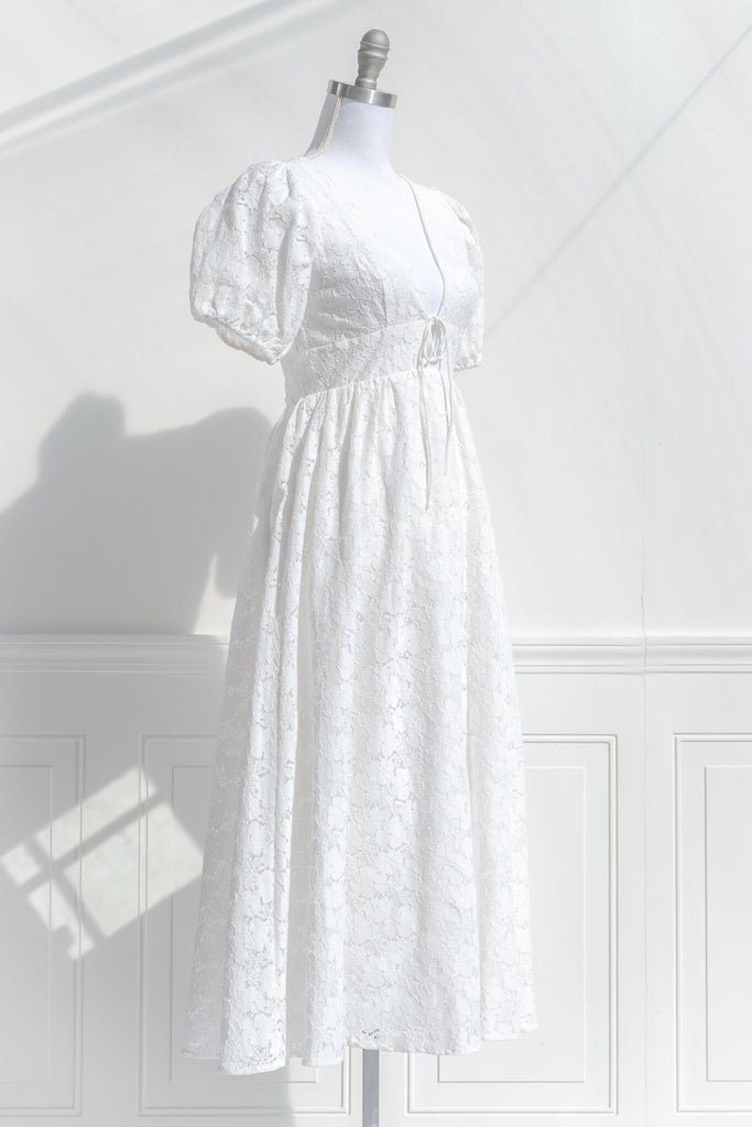 Feminine Clothing and Romantic Dresses - A white lace, v neck, 3/4 sleeve, full skirt white dress - Amantine French and Vintage Inspired Dresses quarter View