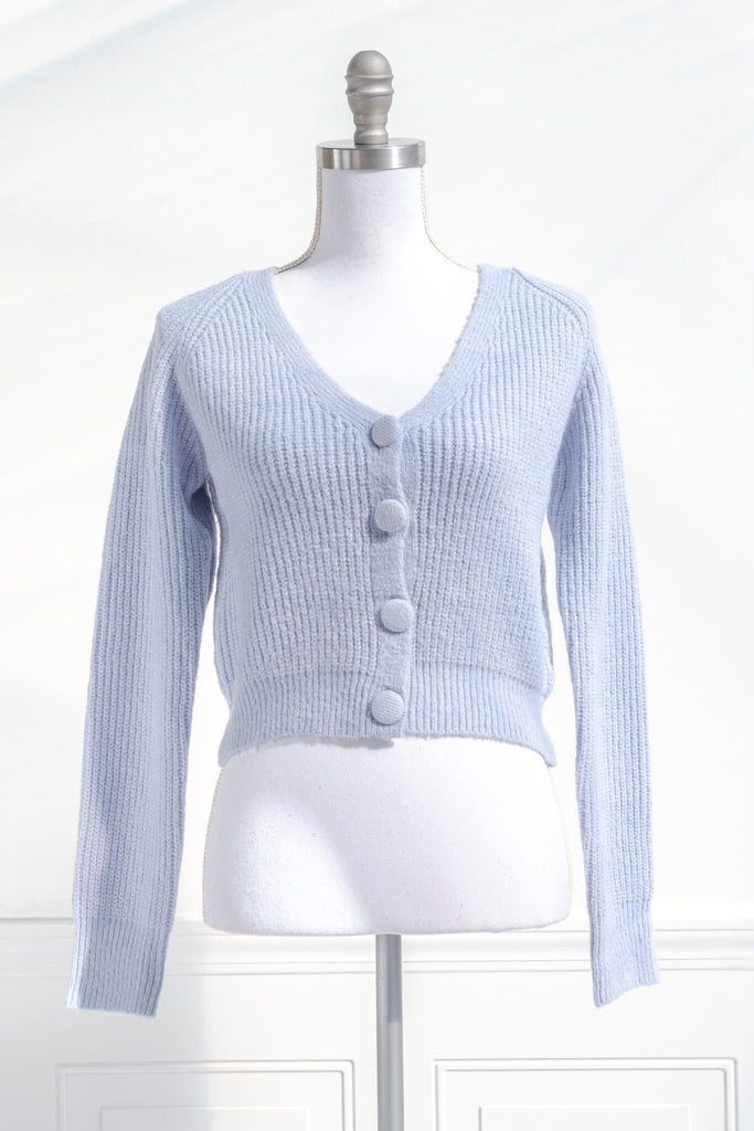 feminine clothing vintage style - a lilac v neck button down cardigan - amantine - feminine clothing
