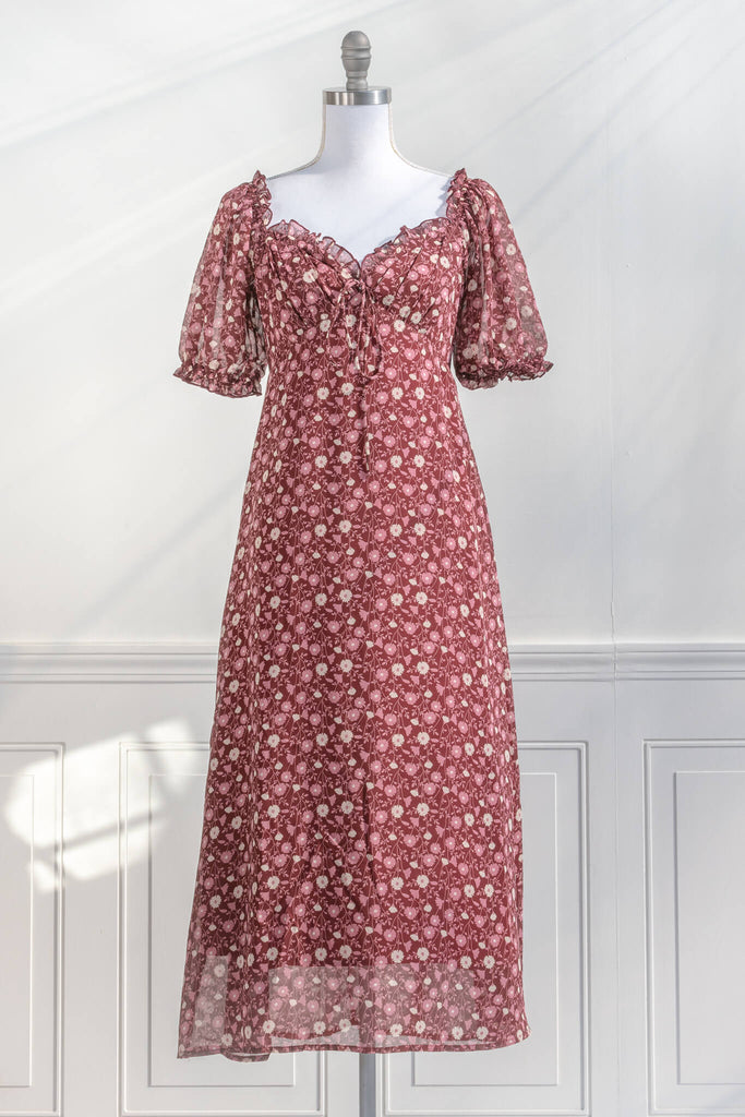 feminine dresses - a sweet heart neckline 3/4 sleeve, burgundy and cream floral print feminine dress