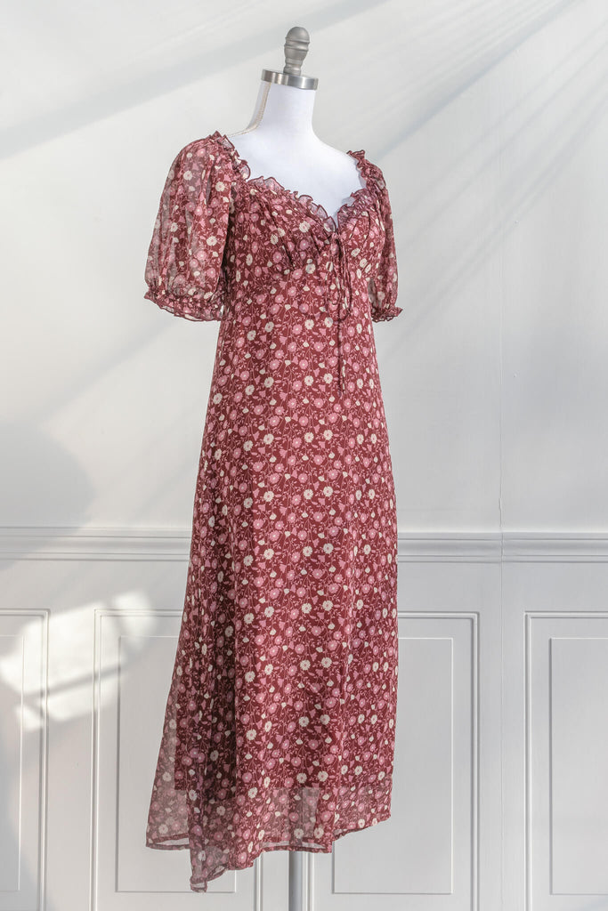 feminine dresses - a sweet heart neckline 3/4 sleeve, burgundy and cream floral print french dress quarter view