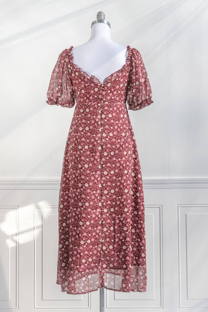 feminine dresses - a sweet heart neckline 3/4 sleeve, burgundy and cream floral print french dress back view