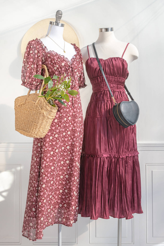 feminine dresses - a sweet heart neckline 3/4 sleeve, burgundy and cream floral print french dress
