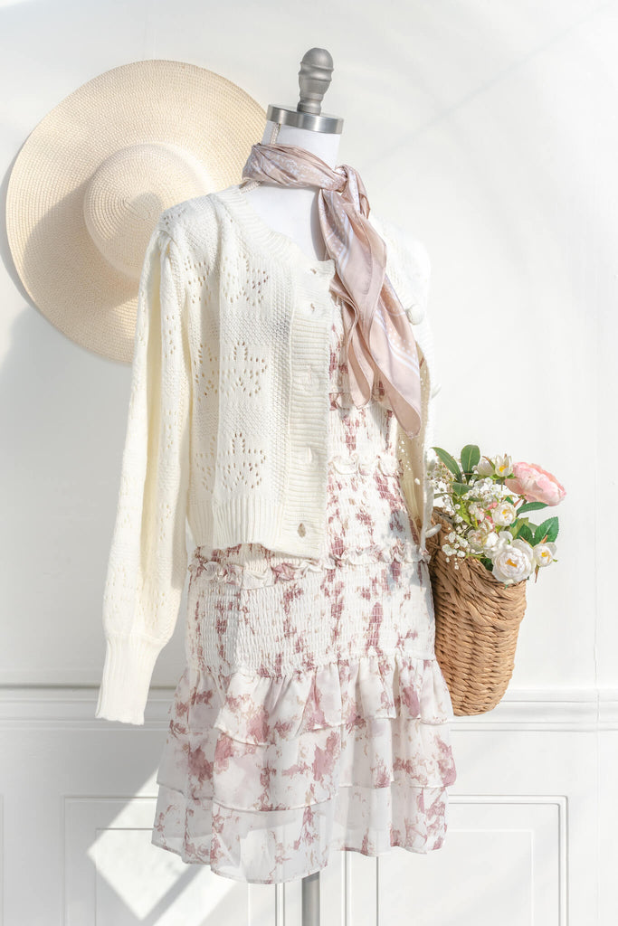 French Style Fashion - A cream knitted cardigan in feminine and romantic style  - romantic outfit