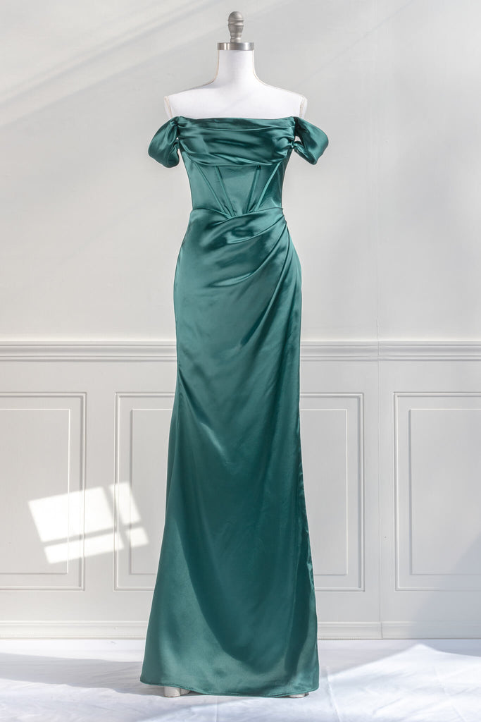 2023 prom dresses - an off the shoulder green satin, corset style long prom dress with a side slit. amantine - feminine aesthetic dresses
