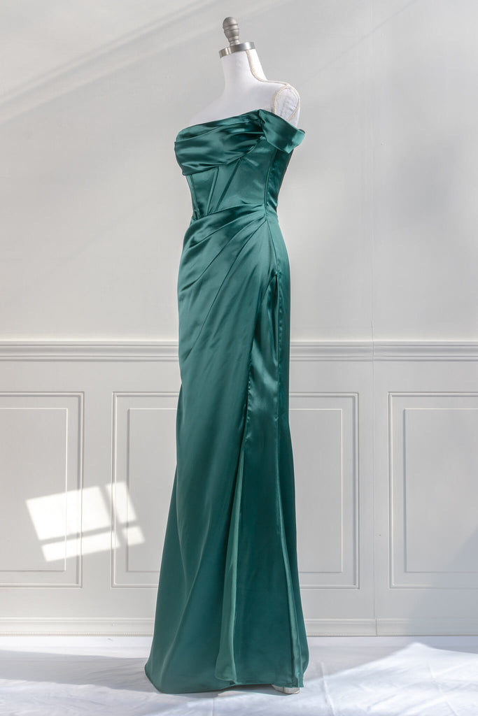 2023 prom dresses - an off the shoulder green satin, corset style long prom dress with a side slit. amantine - feminine aesthetic dresses