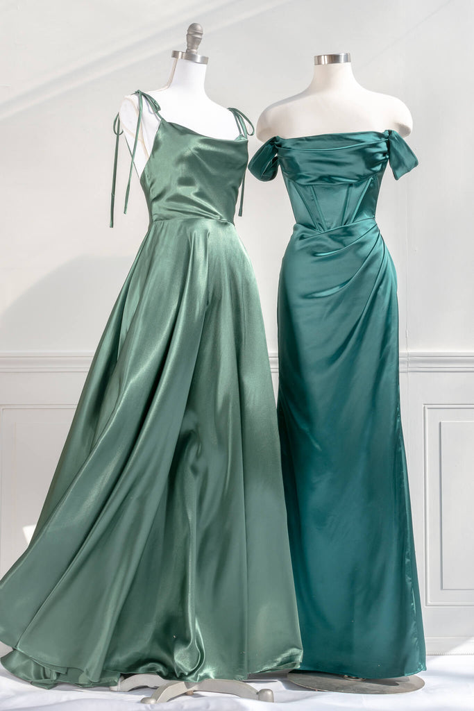 2023 prom dresses - an off the shoulder green satin, corset style long prom dress with a side slit. amantine - feminine fairytale dresses