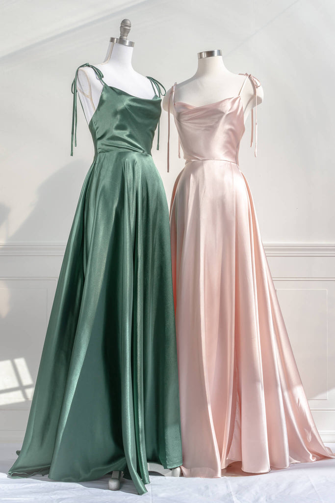 vintage style prom dress - a peach fuzz and a green satin prom gown with a cowl neckline and straps. fitted bodice and full bride style skirt - amantine french aesthetic dresses 