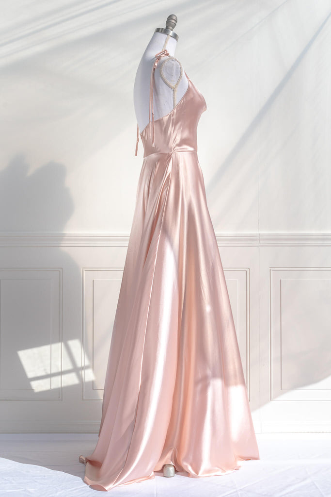 vintage style prom dress - a pink blush satin prom gown with a cowl neckline and straps. fitted bodice and full bride style skirt - amantine french aesthetic dresses - side view