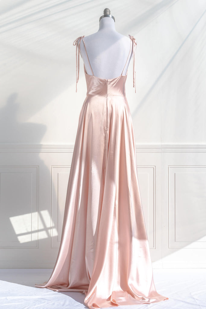 vintage style prom dress - a pink blush satin prom gown with a cowl neckline and straps. fitted bodice and full bride style skirt - amantine french aesthetic dresses - back view