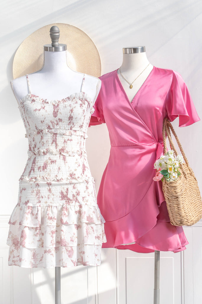 feminine dresses - pink wrap style dress and a bodycon strap dress from french inspired boutique amantine